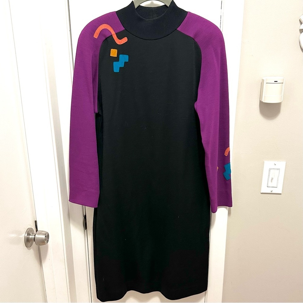 Vintage CANVASBACKS Lutton Horsfield Wool Knit Fun Sweater Dress S purple black